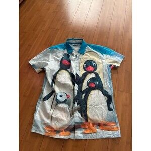 Full Print All Over Pingu Penguin Button Up Short Sleeve Tee Men's Medium
